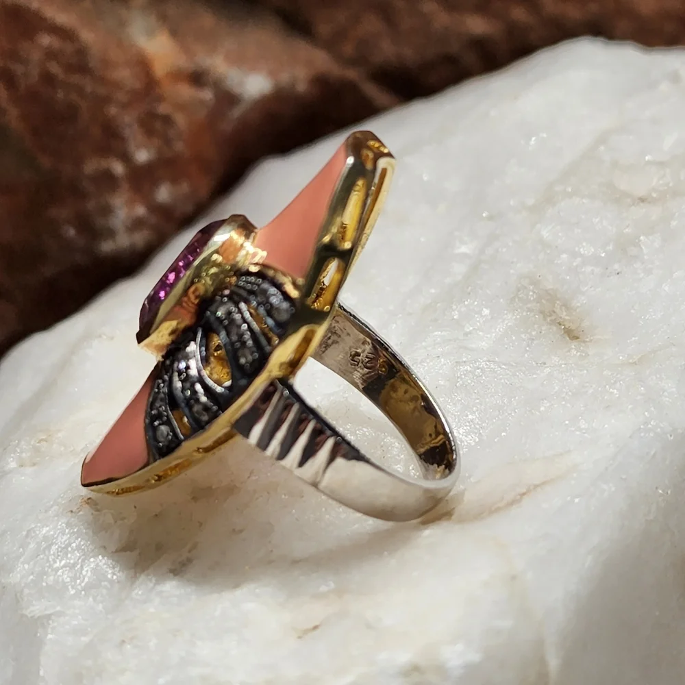 Sterling Silver 925/18k Gold Massive Ring Diamond Amethyst Gemstones